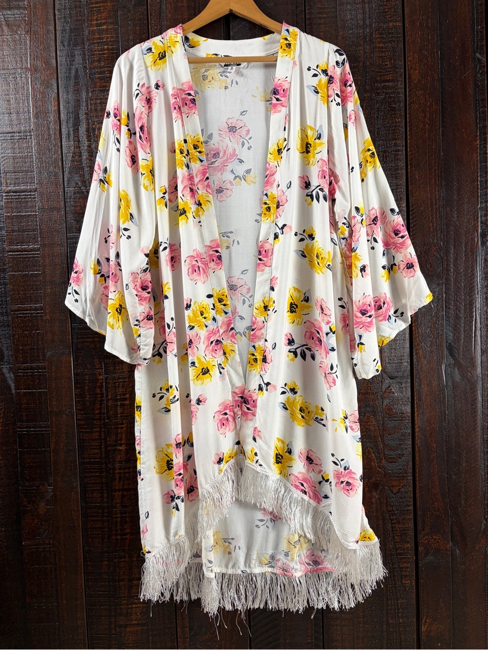 White Floral Fringe Kimono - Pink & Yellow Roses